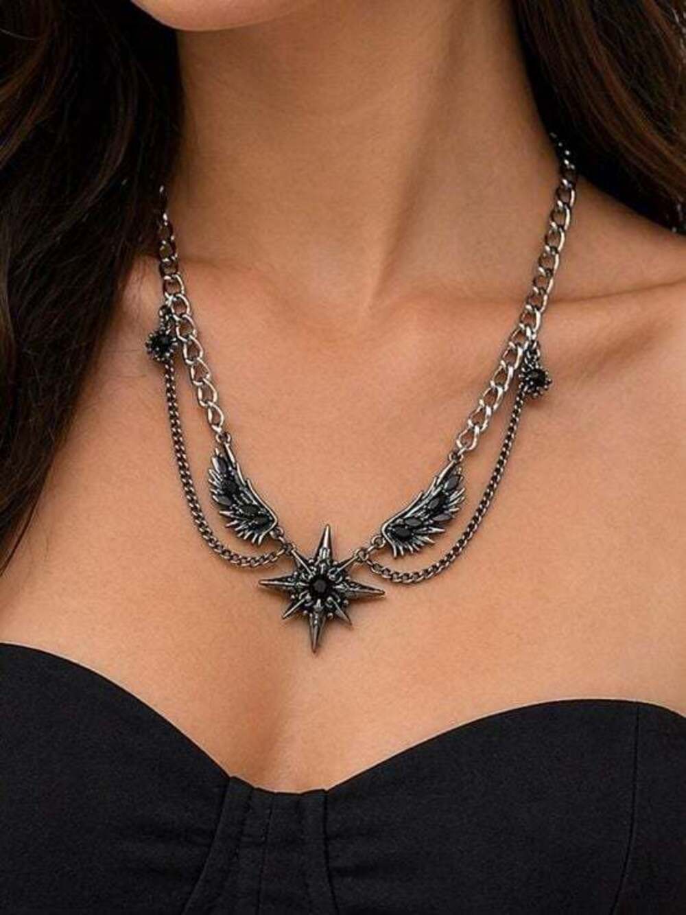 Layered Black Star and Wing Pendant Necklace
